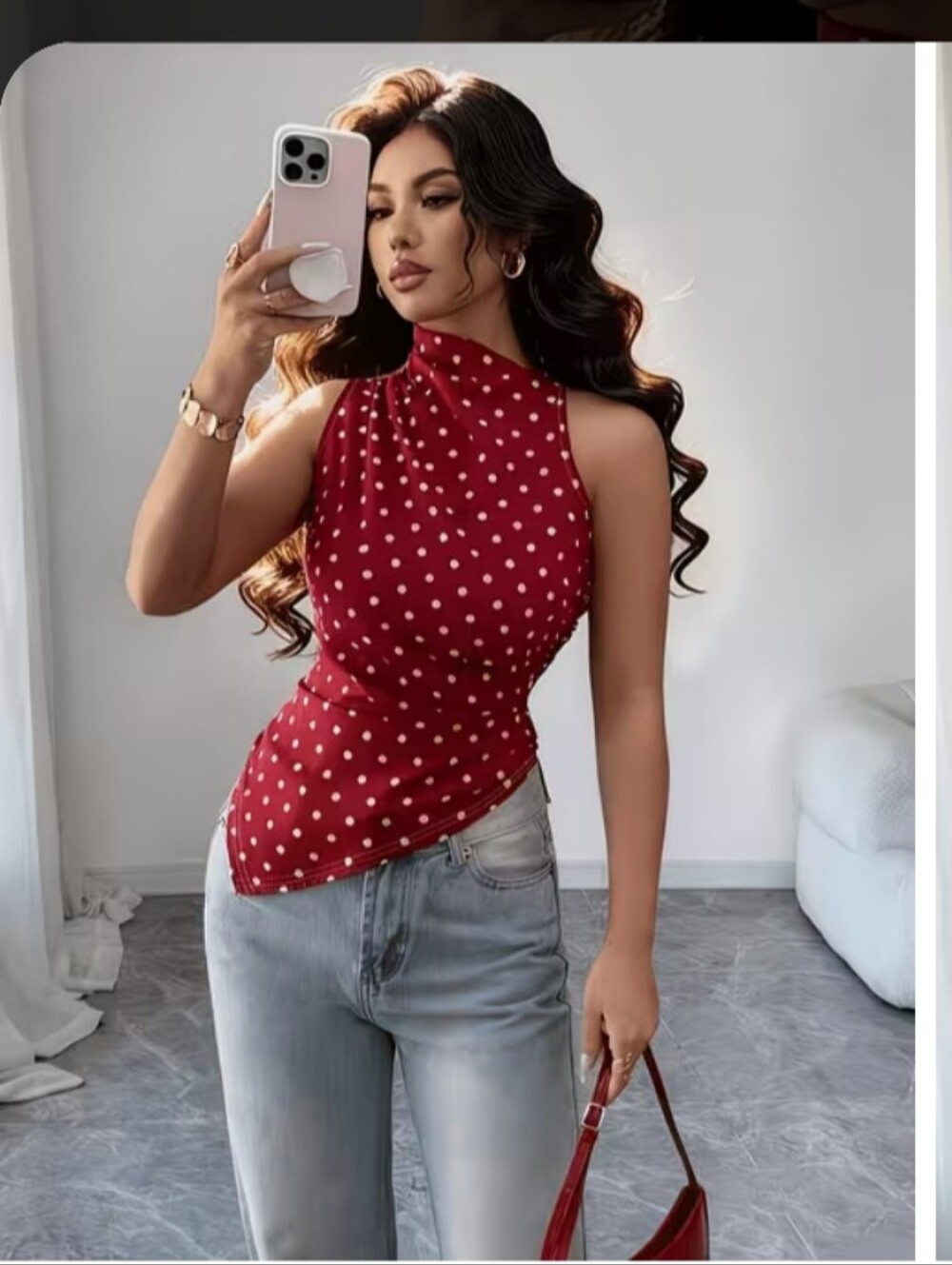 Sleeveless High-Neck Polka Dot Top - Red